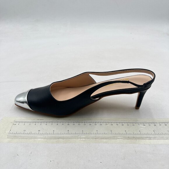 miss left Black Slingback Square Toe Metal Cap Mid Heels Slip On Pumps - Picture 2 of 8